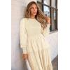 imagePRETTYGARDEN Womens Fall Spring Midi Dress Long Sleeve Floral Smocked Elegant Wedding Guest Long Flowy Dresses with PocketsBeige