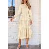 imagePRETTYGARDEN Womens Fall Spring Midi Dress Long Sleeve Floral Smocked Elegant Wedding Guest Long Flowy Dresses with PocketsBeige
