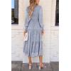 imagePRETTYGARDEN Womens Fall Spring Midi Dress Long Sleeve Floral Smocked Elegant Wedding Guest Long Flowy Dresses with PocketsGrey Blue