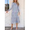 imagePRETTYGARDEN Womens Fall Spring Midi Dress Long Sleeve Floral Smocked Elegant Wedding Guest Long Flowy Dresses with PocketsGrey Blue
