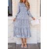 imagePRETTYGARDEN Womens Fall Spring Midi Dress Long Sleeve Floral Smocked Elegant Wedding Guest Long Flowy Dresses with PocketsGrey Blue