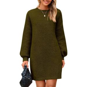 imagePRETTYGARDEN Womens Winter Pullover Sweaters Long Lantern Sleeve Crewneck Chunky Knit Slouchy Oversized Sweater DressArmy Green