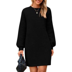 imagePRETTYGARDEN Womens Winter Pullover Sweaters Long Lantern Sleeve Crewneck Chunky Knit Slouchy Oversized Sweater DressBlack