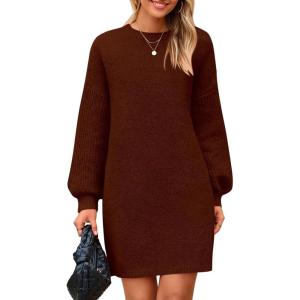 imagePRETTYGARDEN Womens Winter Pullover Sweaters Long Lantern Sleeve Crewneck Chunky Knit Slouchy Oversized Sweater DressCoffee