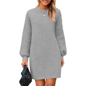 imagePRETTYGARDEN Womens Winter Pullover Sweaters Long Lantern Sleeve Crewneck Chunky Knit Slouchy Oversized Sweater DressGrey