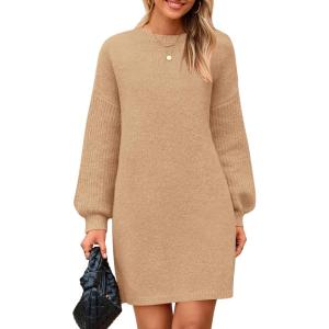 imagePRETTYGARDEN Womens Winter Pullover Sweaters Long Lantern Sleeve Crewneck Chunky Knit Slouchy Oversized Sweater DressKhaki