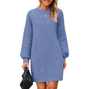 imagePRETTYGARDEN Womens Winter Pullover Sweaters Long Lantern Sleeve Crewneck Chunky Knit Slouchy Oversized Sweater DressMist Blue