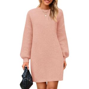 imagePRETTYGARDEN Womens Winter Pullover Sweaters Long Lantern Sleeve Crewneck Chunky Knit Slouchy Oversized Sweater DressPink