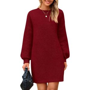 imagePRETTYGARDEN Womens Winter Pullover Sweaters Long Lantern Sleeve Crewneck Chunky Knit Slouchy Oversized Sweater DressWine Red