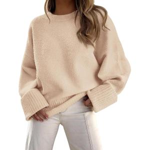 imagePRETTYGARDEN Womens Fall Oversized Sweaters Casual Crewneck Pullover Long Sleeve Fuzzy Chunky Knit Tops BlouseApricot