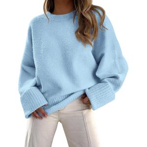 imagePRETTYGARDEN Womens Fall Oversized Sweaters Casual Crewneck Pullover Long Sleeve Fuzzy Chunky Knit Tops BlouseLight Blue