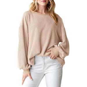 imagePRETTYGARDEN Womens Long Sleeve Tee Shirts Spring Fall Trendy Clothes Casual Loose Crewneck Ribbed Blouse Tunic TopsBeige