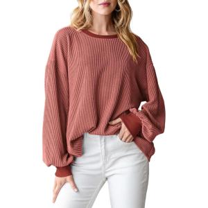 imagePRETTYGARDEN Womens Long Sleeve Tee Shirts Spring Fall Trendy Clothes Casual Loose Crewneck Ribbed Blouse Tunic TopsBrick Red