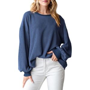 imagePRETTYGARDEN Womens Long Sleeve Tee Shirts Spring Fall Trendy Clothes Casual Loose Crewneck Ribbed Blouse Tunic TopsDark Blue