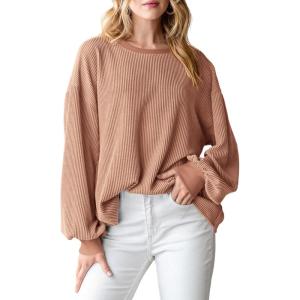 imagePRETTYGARDEN Womens Long Sleeve Tee Shirts Spring Fall Trendy Clothes Casual Loose Crewneck Ribbed Blouse Tunic TopsKhaki
