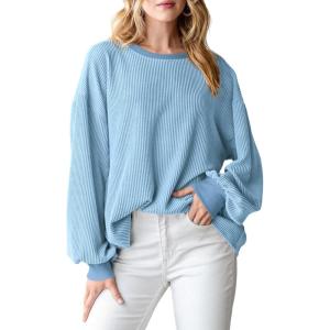 imagePRETTYGARDEN Womens Long Sleeve Tee Shirts Spring Fall Trendy Clothes Casual Loose Crewneck Ribbed Blouse Tunic TopsLight Blue