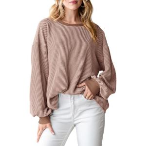 imagePRETTYGARDEN Womens Long Sleeve Tee Shirts Spring Fall Trendy Clothes Casual Loose Crewneck Ribbed Blouse Tunic TopsLight Brown