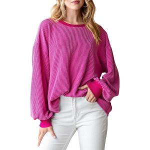 imagePRETTYGARDEN Womens Long Sleeve Tee Shirts Spring Fall Trendy Clothes Casual Loose Crewneck Ribbed Blouse Tunic TopsRose Red