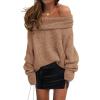 imagePRETTYGARDEN Womens Sweaters Spring Off The Shoulder Long Sleeve Top 2025 Outfits Loose Knitted Winter PulloverCamel