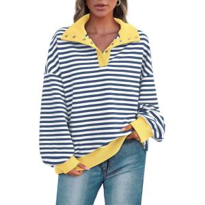 imagePRETTYGARDEN Womens Oversized Striped Sweatshirts Spring Fall Trendy Casual Long Sleeve Button Up Tops Shirt Preppy ClothesStriped Blue White