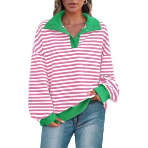 imagePRETTYGARDEN Womens Oversized Striped Sweatshirts Spring Fall Trendy Casual Long Sleeve Button Up Tops Shirt Preppy ClothesStriped Pink White