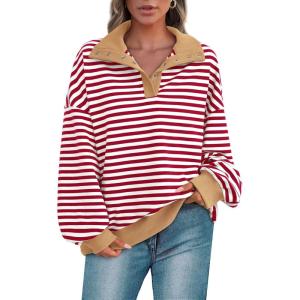 imagePRETTYGARDEN Womens Oversized Striped Sweatshirts Spring Fall Trendy Casual Long Sleeve Button Up Tops Shirt Preppy ClothesStriped Red White