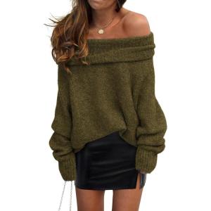 imagePRETTYGARDEN Womens Sweaters Spring Off The Shoulder Long Sleeve Top 2025 Outfits Loose Knitted Winter PulloverArmy Green