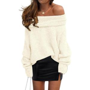 imagePRETTYGARDEN Womens Sweaters Spring Off The Shoulder Long Sleeve Top 2025 Outfits Loose Knitted Winter PulloverBeige White