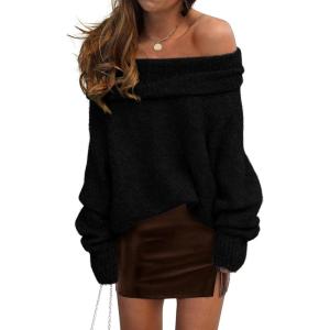 imagePRETTYGARDEN Womens Sweaters Spring Off The Shoulder Long Sleeve Top 2025 Outfits Loose Knitted Winter PulloverBlack