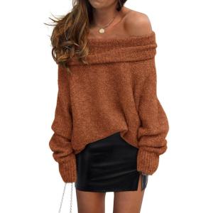 imagePRETTYGARDEN Womens Sweaters Spring Off The Shoulder Long Sleeve Top 2025 Outfits Loose Knitted Winter PulloverBrick Red