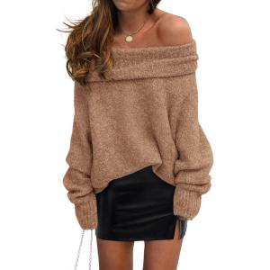 imagePRETTYGARDEN Womens Sweaters Spring Off The Shoulder Long Sleeve Top 2025 Outfits Loose Knitted Winter PulloverCamel
