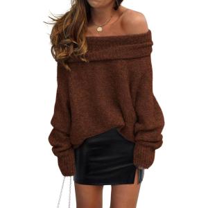 imagePRETTYGARDEN Womens Sweaters Spring Off The Shoulder Long Sleeve Top 2025 Outfits Loose Knitted Winter PulloverCoffee