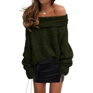 imagePRETTYGARDEN Womens Sweaters Spring Off The Shoulder Long Sleeve Top 2025 Outfits Loose Knitted Winter PulloverDark Army Green
