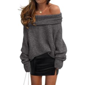 imagePRETTYGARDEN Womens Sweaters Spring Off The Shoulder Long Sleeve Top 2025 Outfits Loose Knitted Winter PulloverDark Grey