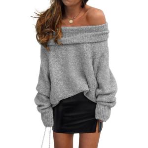 imagePRETTYGARDEN Womens Sweaters Spring Off The Shoulder Long Sleeve Top 2025 Outfits Loose Knitted Winter PulloverGrey