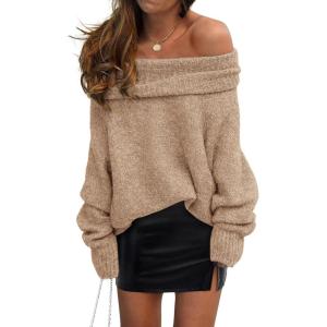 imagePRETTYGARDEN Womens Sweaters Spring Off The Shoulder Long Sleeve Top 2025 Outfits Loose Knitted Winter PulloverKhaki