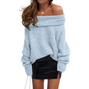imagePRETTYGARDEN Womens Sweaters Spring Off The Shoulder Long Sleeve Top 2025 Outfits Loose Knitted Winter PulloverLight Blue