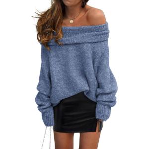 imagePRETTYGARDEN Womens Sweaters Spring Off The Shoulder Long Sleeve Top 2025 Outfits Loose Knitted Winter PulloverMist Blue