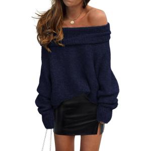 imagePRETTYGARDEN Womens Sweaters Spring Off The Shoulder Long Sleeve Top 2025 Outfits Loose Knitted Winter PulloverNavy