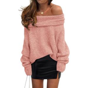 imagePRETTYGARDEN Womens Sweaters Spring Off The Shoulder Long Sleeve Top 2025 Outfits Loose Knitted Winter PulloverPink