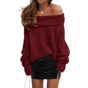 imagePRETTYGARDEN Womens Sweaters Spring Off The Shoulder Long Sleeve Top 2025 Outfits Loose Knitted Winter PulloverWine Red