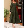 imagePRETTYGARDEN Womens Spring Long Sleeve Smocked Maxi Dress Casual Square Neck Swiss Dot Tiered Ruffle Flowy Pocket DressesArmy Green