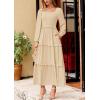 imagePRETTYGARDEN Womens Spring Long Sleeve Smocked Maxi Dress Casual Square Neck Swiss Dot Tiered Ruffle Flowy Pocket DressesBeige