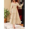 imagePRETTYGARDEN Womens Spring Long Sleeve Smocked Maxi Dress Casual Square Neck Swiss Dot Tiered Ruffle Flowy Pocket DressesBeige