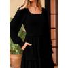 imagePRETTYGARDEN Womens Spring Long Sleeve Smocked Maxi Dress Casual Square Neck Swiss Dot Tiered Ruffle Flowy Pocket DressesBlack