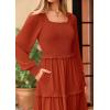 imagePRETTYGARDEN Womens Spring Long Sleeve Smocked Maxi Dress Casual Square Neck Swiss Dot Tiered Ruffle Flowy Pocket DressesBrick Red