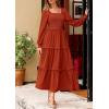 imagePRETTYGARDEN Womens Spring Long Sleeve Smocked Maxi Dress Casual Square Neck Swiss Dot Tiered Ruffle Flowy Pocket DressesBrick Red