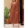 imagePRETTYGARDEN Womens Spring Long Sleeve Smocked Maxi Dress Casual Square Neck Swiss Dot Tiered Ruffle Flowy Pocket DressesBrown