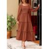 imagePRETTYGARDEN Womens Spring Long Sleeve Smocked Maxi Dress Casual Square Neck Swiss Dot Tiered Ruffle Flowy Pocket DressesBrown