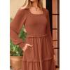 imagePRETTYGARDEN Womens Spring Long Sleeve Smocked Maxi Dress Casual Square Neck Swiss Dot Tiered Ruffle Flowy Pocket DressesBrown